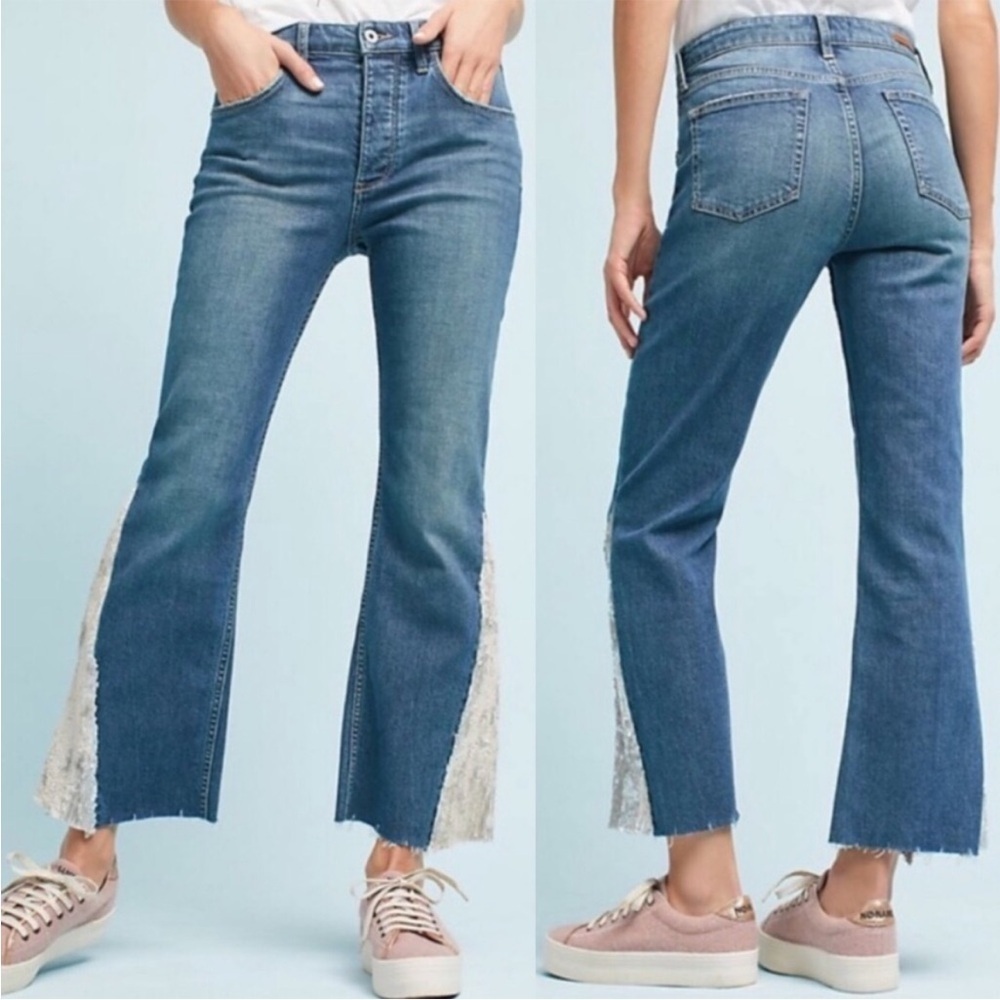Anthropologie Pilcro High Rise Sequined Flared Jeans Light Wash High Waist Sz 31